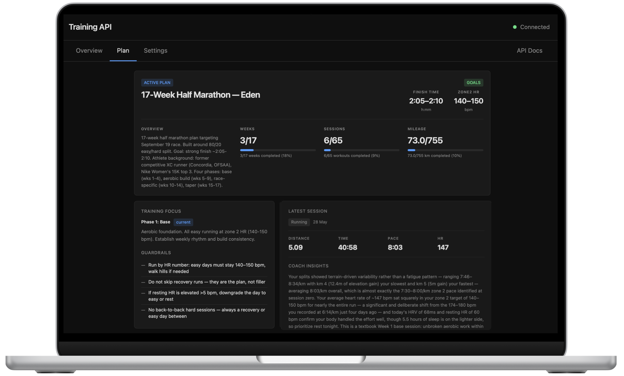 Training API dashboard — plan overview and coaching panel