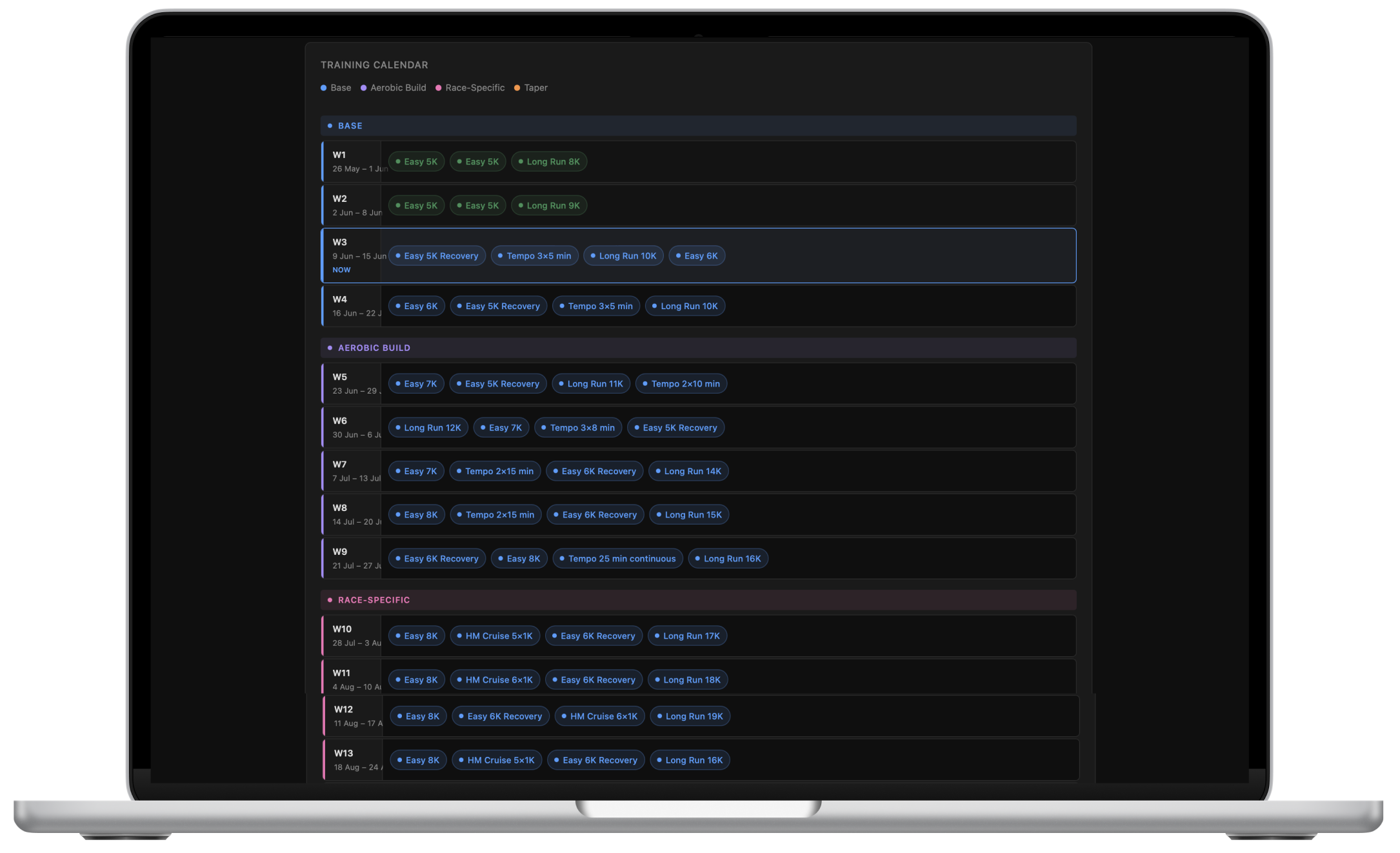 Training calendar — phase-coded weekly view